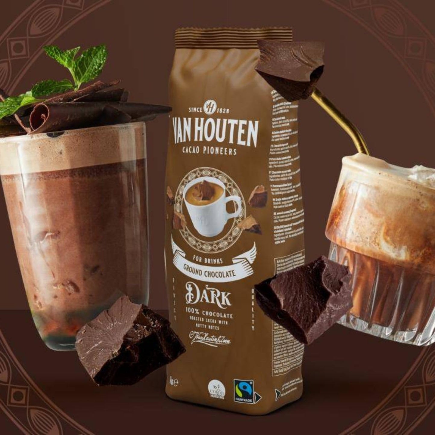 Van Houten Dark Ground Chocolate 1 x 1kg. 100% Chocolate. Serve Hot or Cold