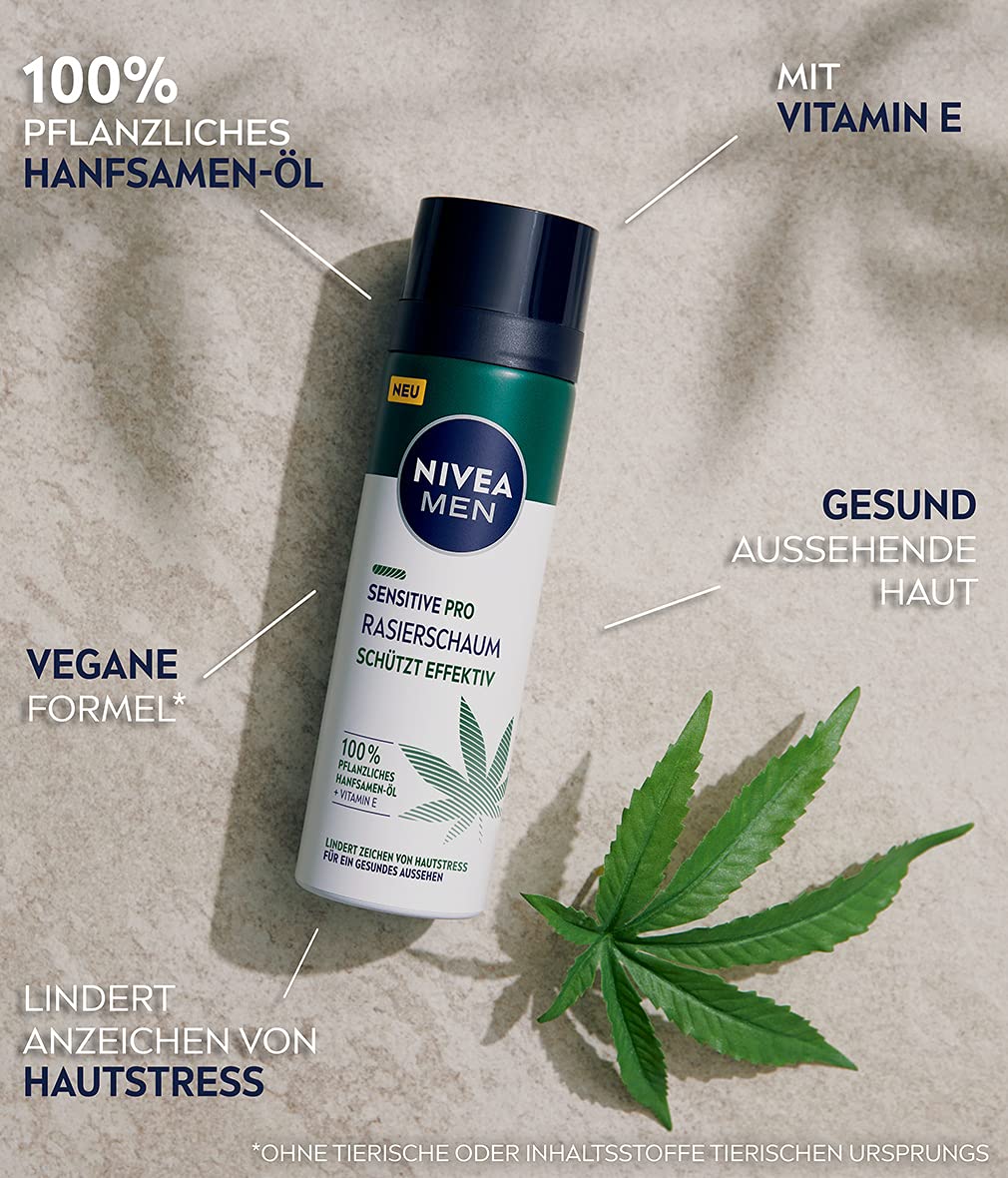 NIVEA MEN Sensitive Pro Shaving Foam (200 ml), Sensitive Shaving Foam with Hemp Seed Oil & Vitamin E, Protection Against Skin Irritation for a Gentle and Smooth Shave
