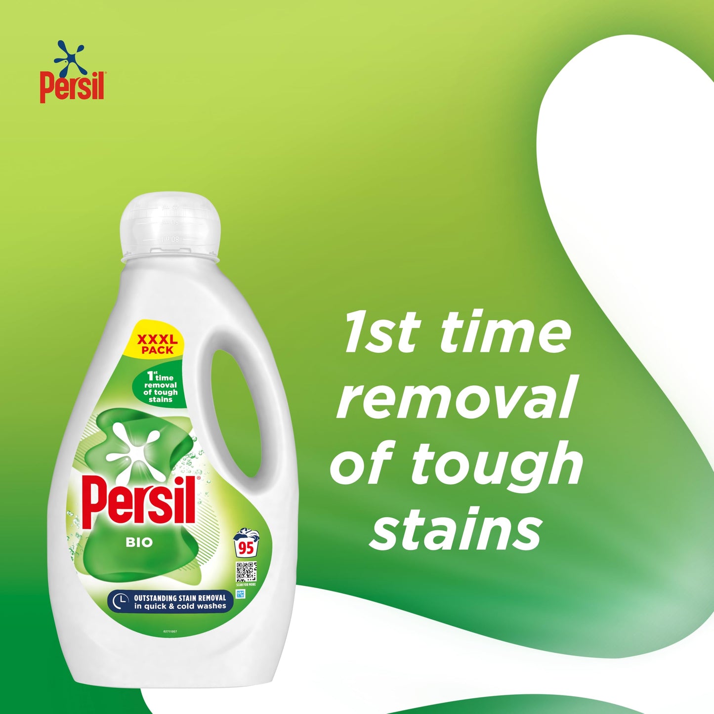 Persil Bio Laundry Washing Liquid Detergent 1st time removal of tough stains outstanding stain removal in quick & cold washes 95 washes (2.565 L)