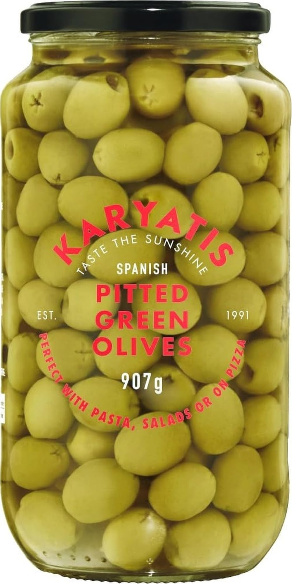 Karyatis Spanish Black Pitted Olives in Brine 907g