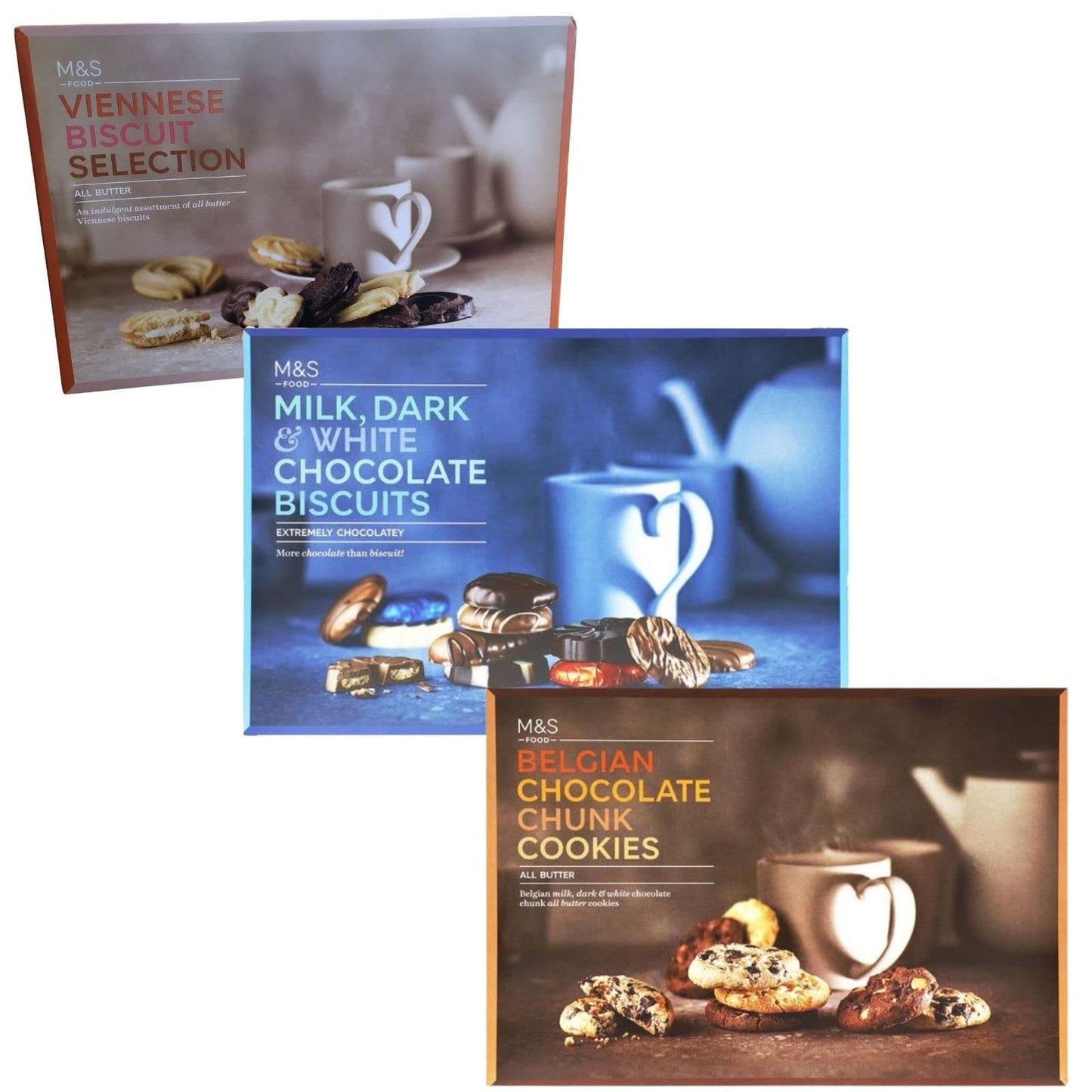 Marks and Spencer Extremely Chocolatey Milk Dark and White Chocolate Biscuits 450g, M&S Belgian Chocolate Chunk Cookies 500g and M&S Viennese All Butter Biscuit Selection 450g Biscuits Gift Bundle