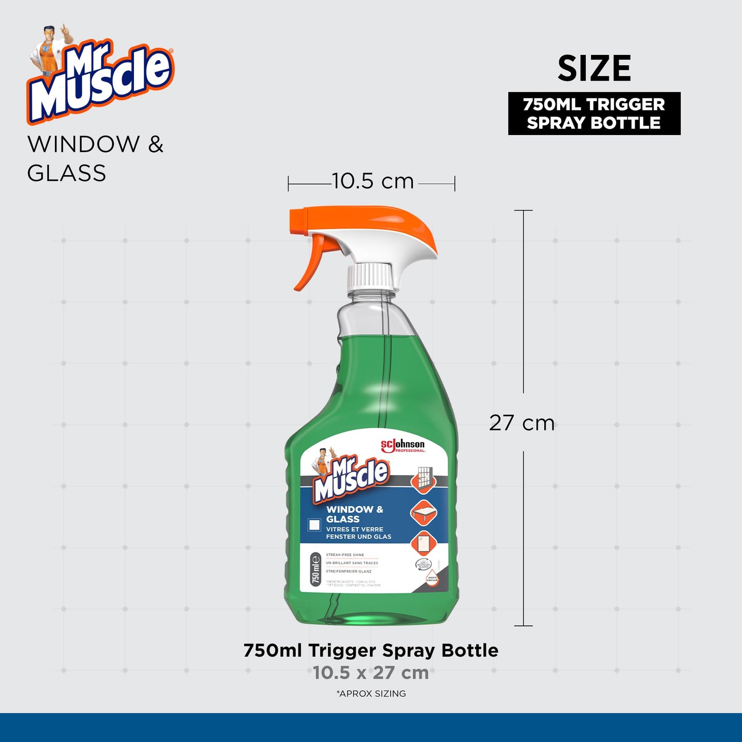 SC Johnson Professional Mr Muscle Window & Glass Cleaner – Streak-Free Shine – Vinegar Power – Removes Smudges & Fingerprints – 750ml Spray – For Professional Use Only