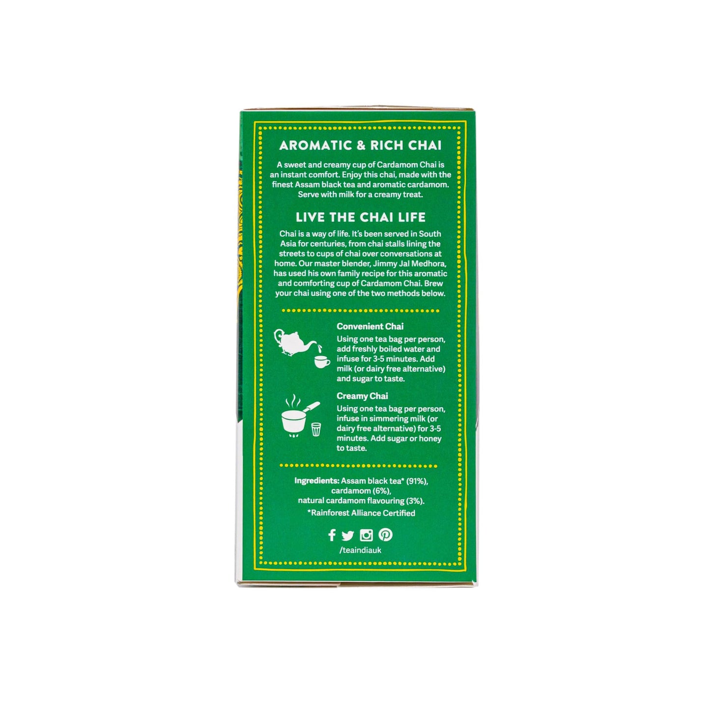 Tea India Chai Tea Bags (4 Packs of 40 Biodegradable Tea Bags) Rainforest Alliance Certified