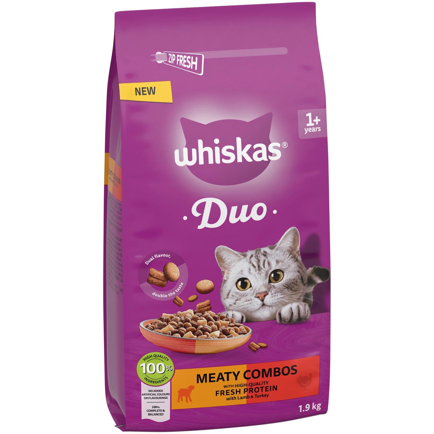 WHISKAS 1+ DUO MEATY Combos Dry Cat Food 1.9kg