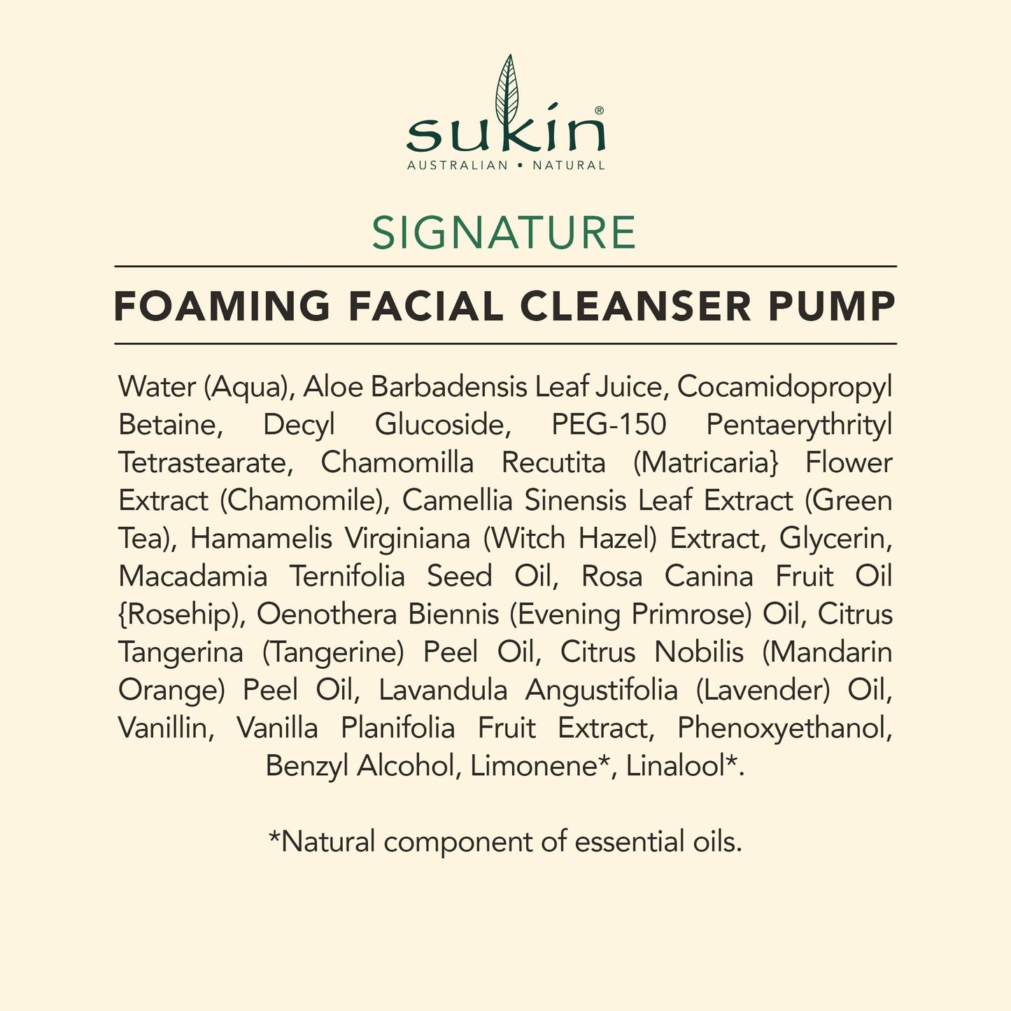 Sukin Signature Foaming Facial Cleanser 125ml - with Witch Hazel & Green Tea; cruelty free & vegan friendly - gently cleanses skin, removes make-up, dirt build-up and sebum.