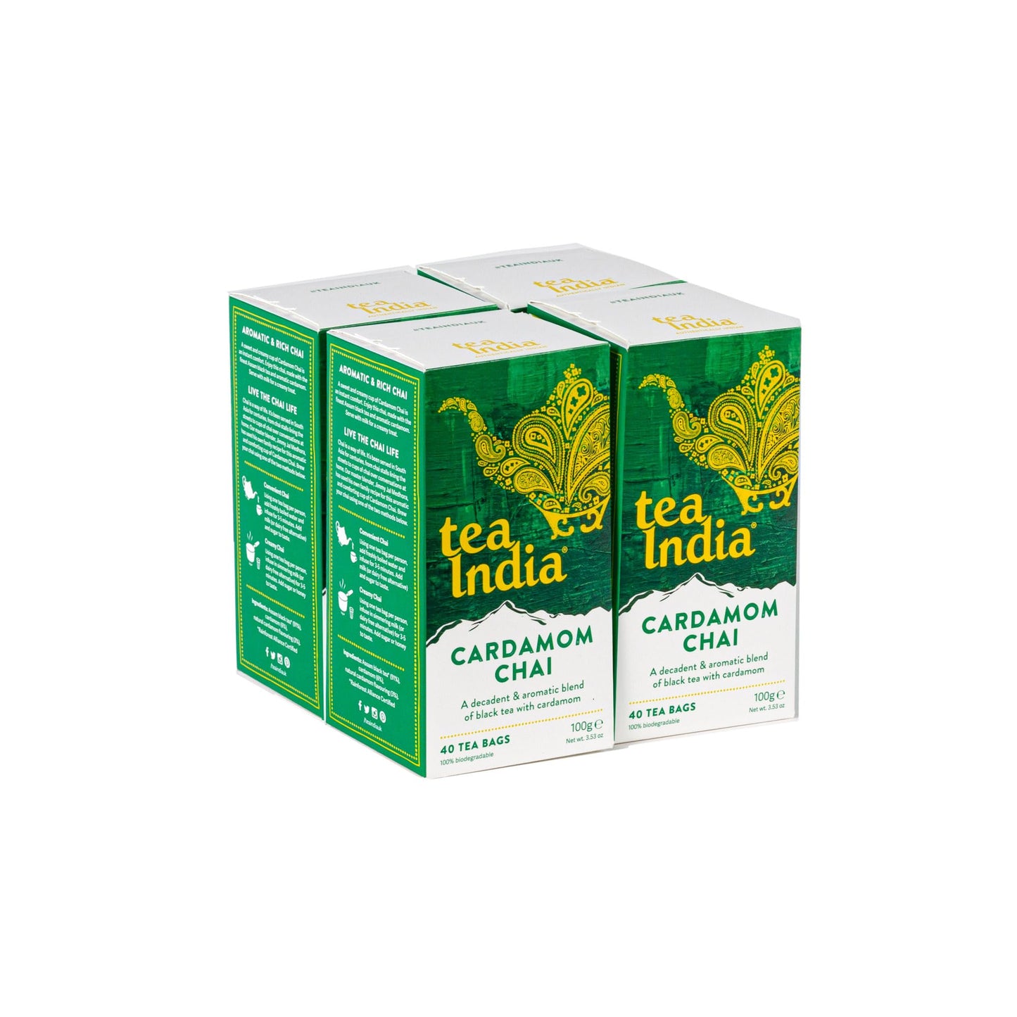 Tea India Chai Tea Bags (4 Packs of 40 Biodegradable Tea Bags) Rainforest Alliance Certified