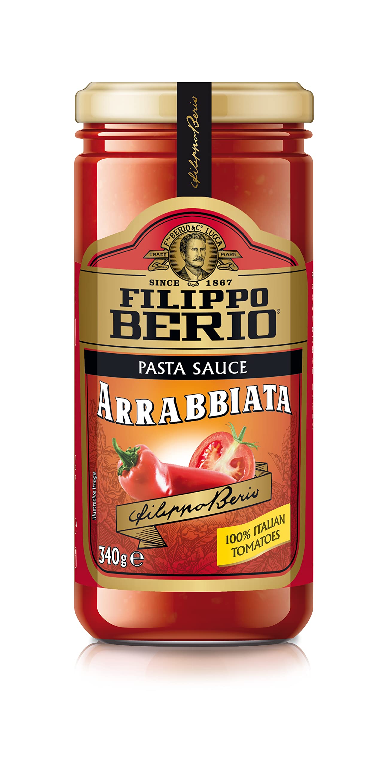 FILIPPO BERIO Pasta Sauce, 100% Italian Tomatoes, 340g, Arrabbiata Flavour, Chilli & Spicy