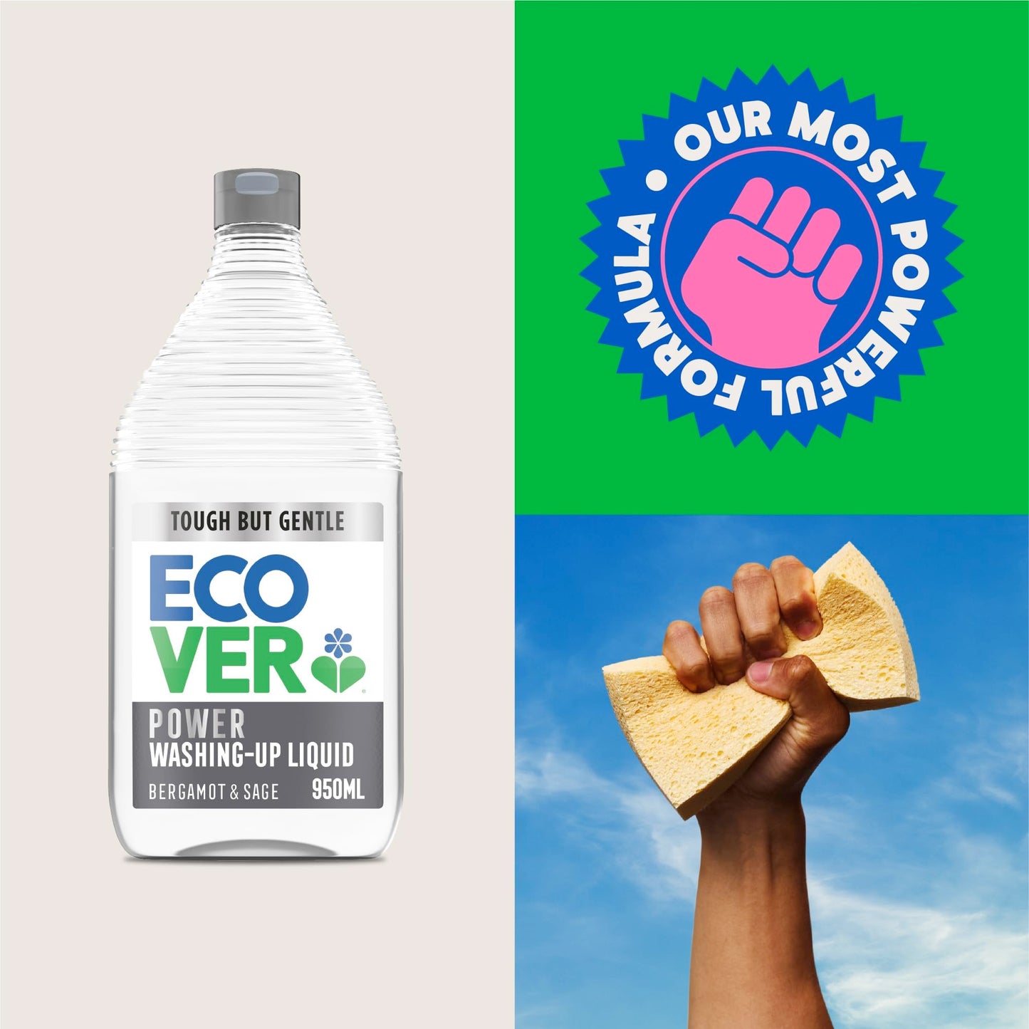Ecover Power Washing Up Liquid, Bergamot & Sage, Grease Cutting, 950ml