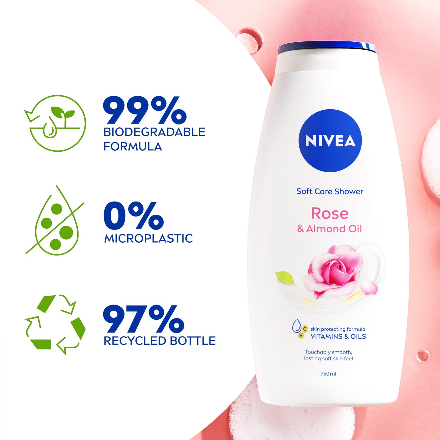 NIVEA Rose & Almond Oil Shower Cream (750ml), Moisturising Shower Gel with Almond Oil, Luxurious Body Wash for Women, Body Wash with Vitamin C, E