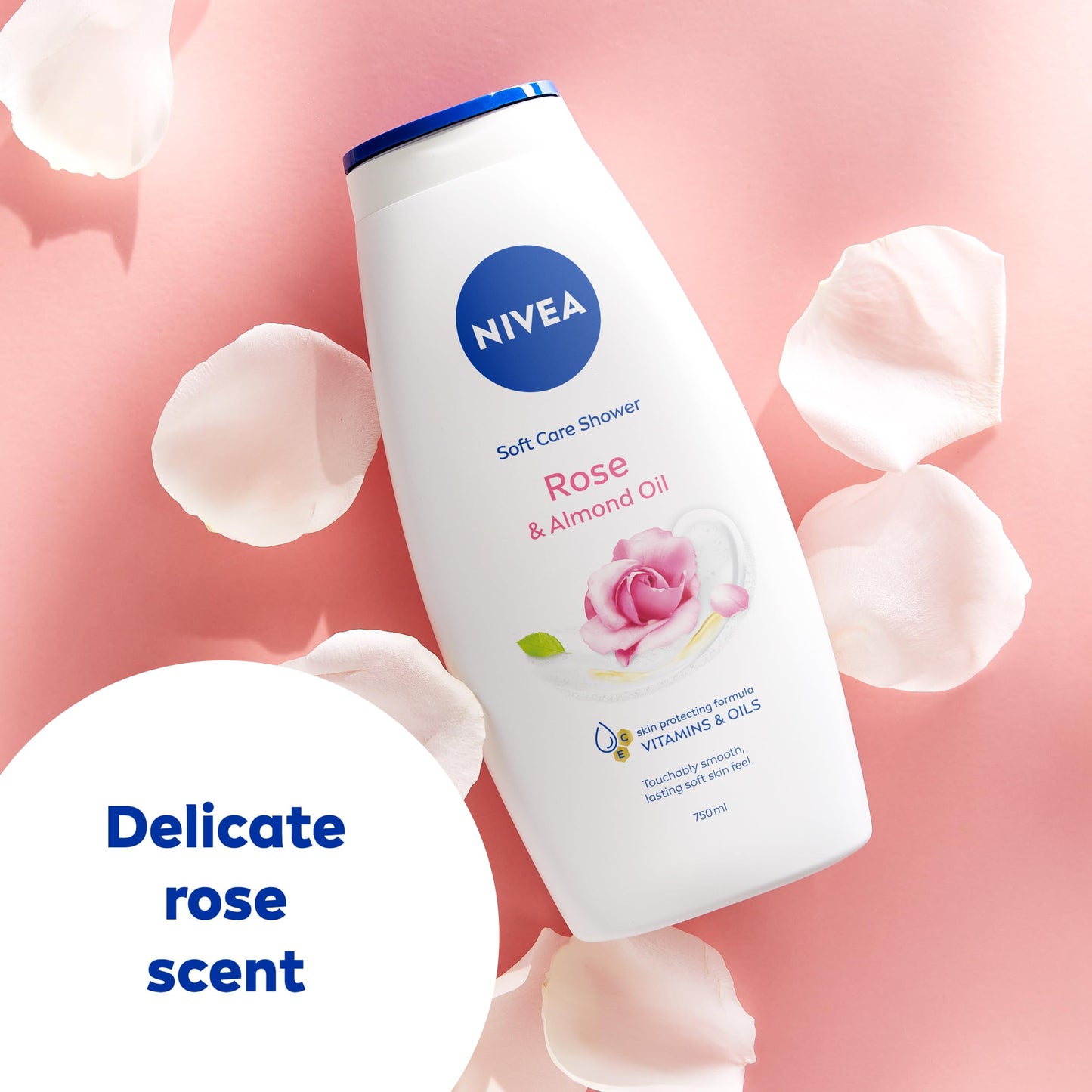 NIVEA Rose & Almond Oil Shower Cream (750ml), Moisturising Shower Gel with Almond Oil, Luxurious Body Wash for Women, Body Wash with Vitamin C, E