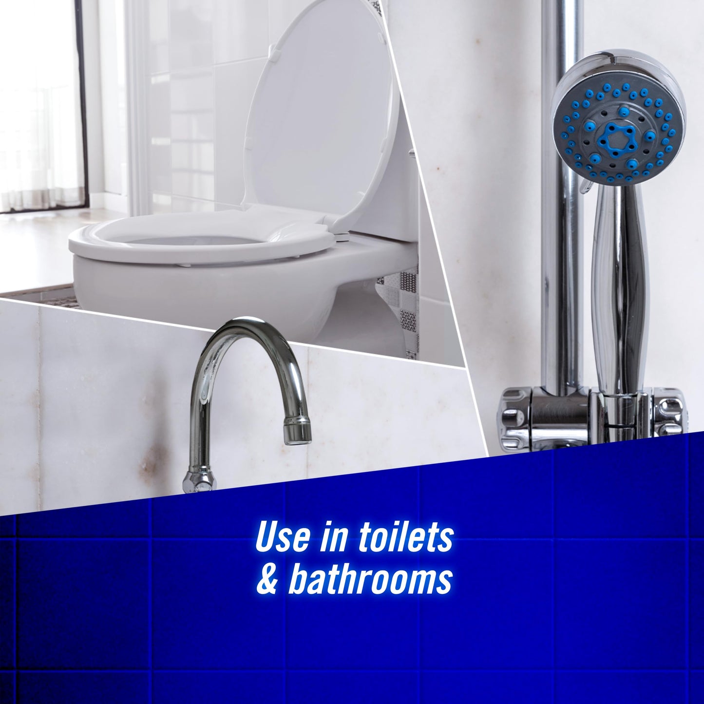 Domestos Power Foam Citrus Blast Toilet & Bathroom Cleaner Spray sprays upside down & eliminates 99.99% of germs* for cleaning inside the toilet & around the bathroom 450 ml