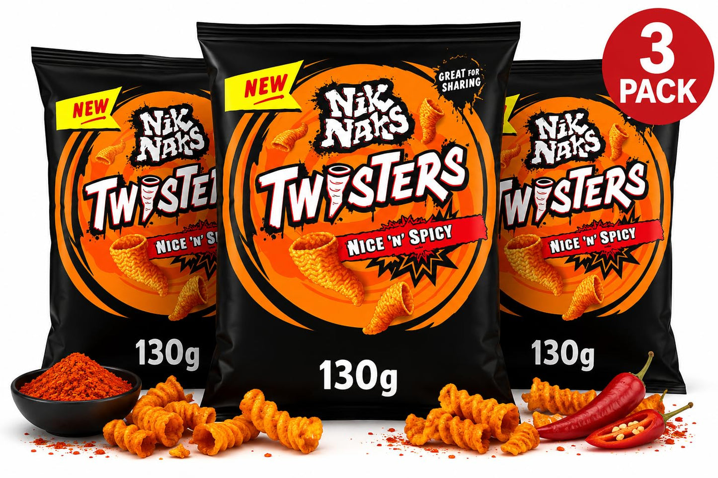 Nik Naks Twisters Nice N Spicy Sharing Crisps 130g, Pack of 3