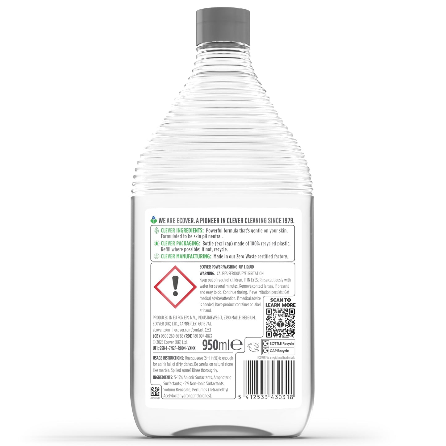 Ecover Power Washing Up Liquid, Bergamot & Sage, Grease Cutting, 950ml
