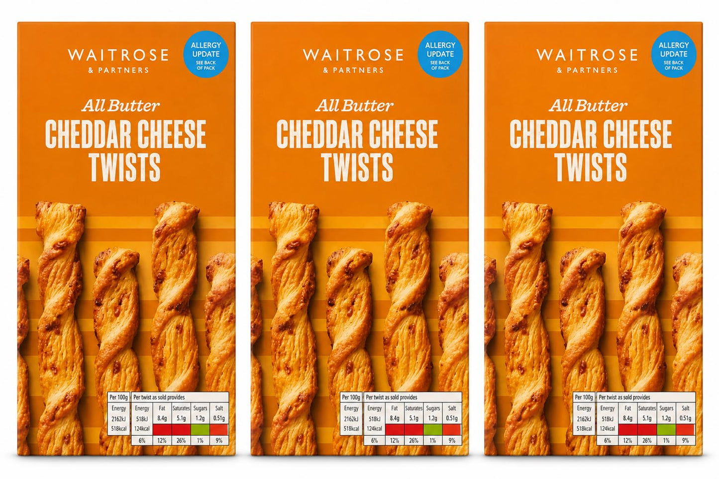 Waitrose All Butter Cheddar Cheese Twists 125g, Pack of 3