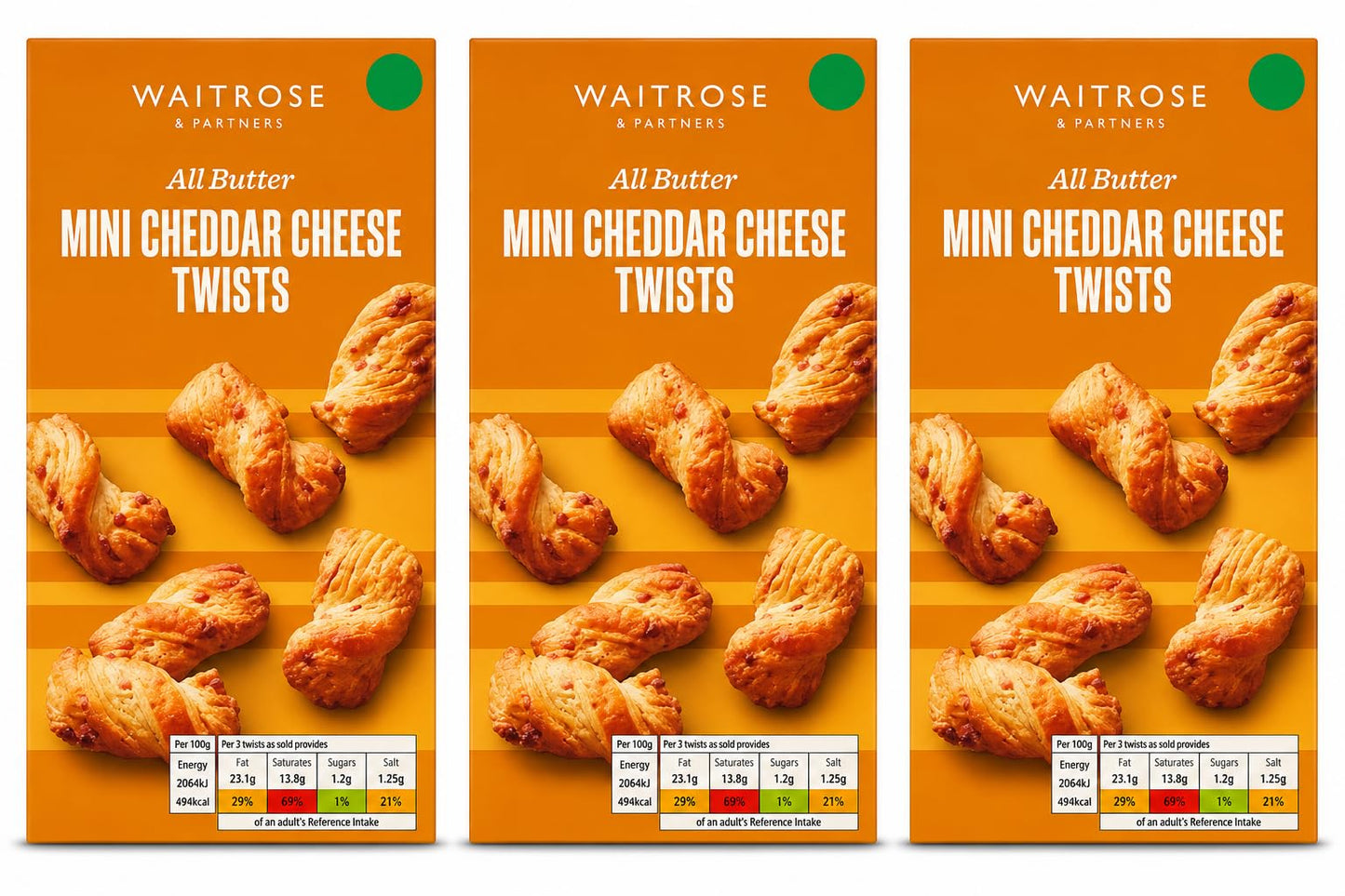 Waitrose All Butter Mini Cheddar Cheese Twists 125g, Pack of 3