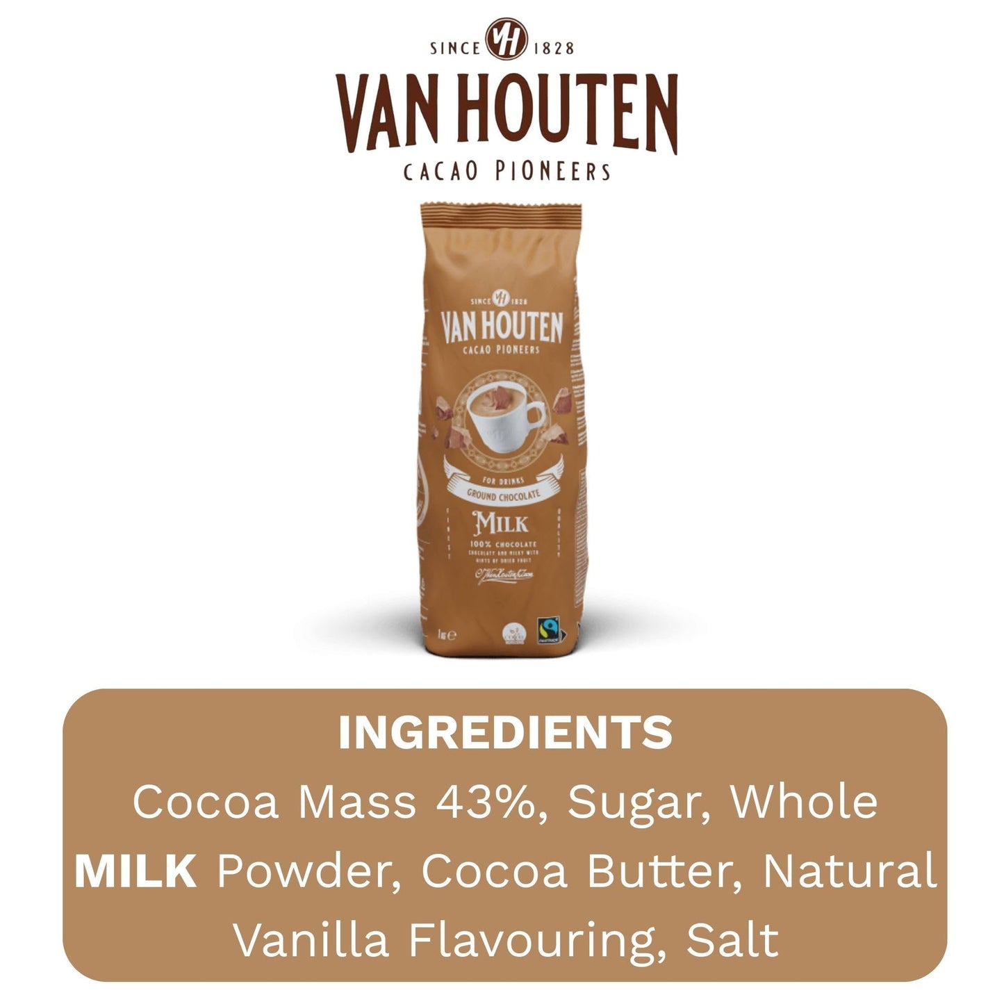 Van Houten Milk Ground Chocolate For Drinks 1 x 1kg. 100% Chocolate, Chocolaty and Milky with Hints of Dried Fruit. Serve hot or cold.
