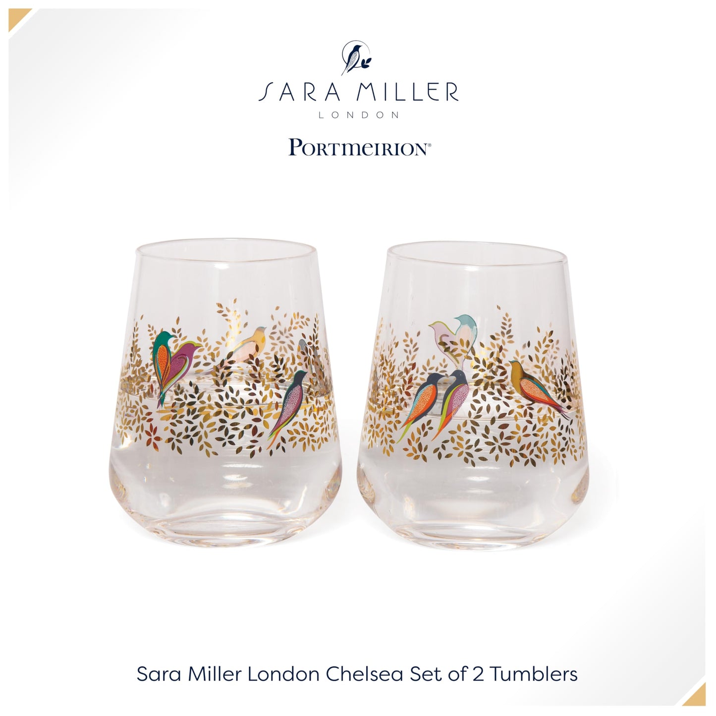 Portmeirion x Sara Miller London Set of 2 Glass Tumblers - Transparent and Durable Glass, Chelsea Collection, Suitable for Dinner Parties & Celebrations, 0.4L