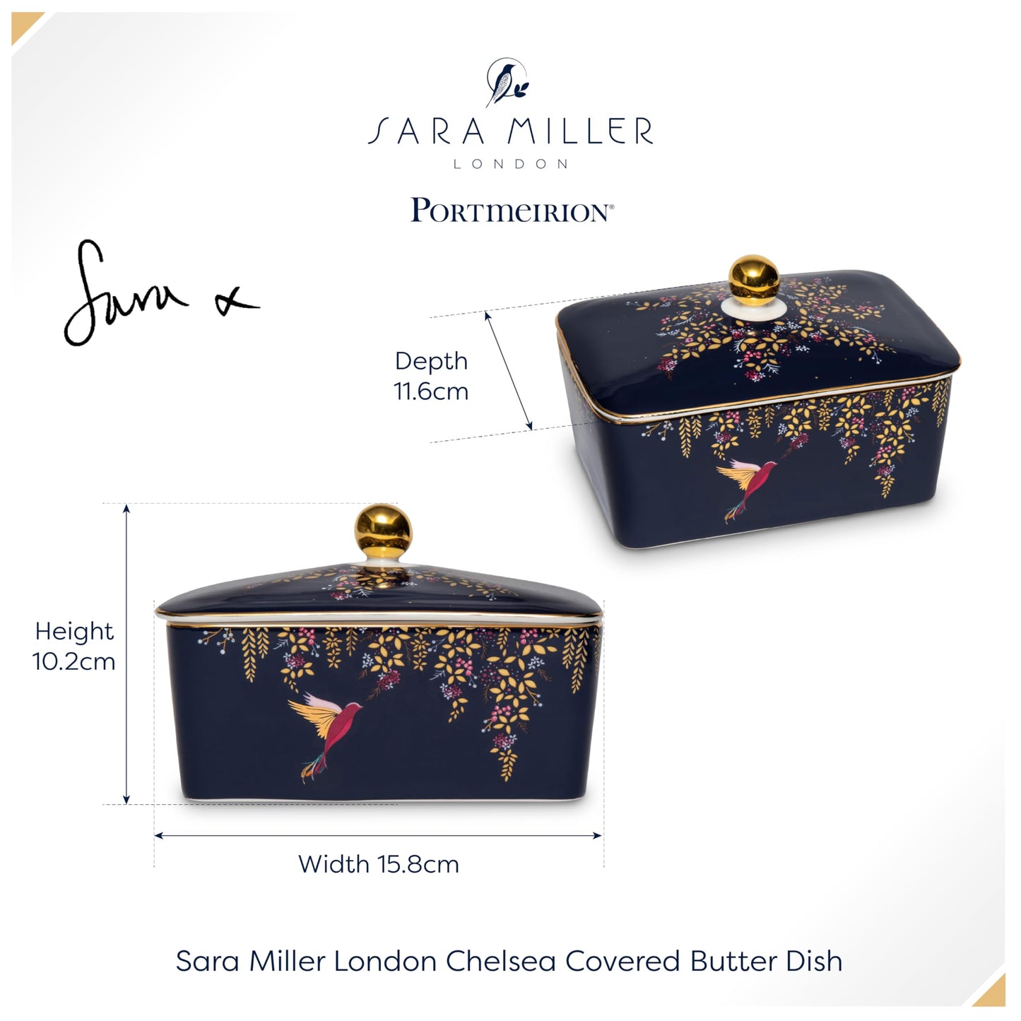 Portmeirion x Sara Miller London Butter Dish - Navy Blue Ceramic Butter Dish with Lid, 22ct Gold Detailing, Suitable Gift for Farmhouse and Kitchen Lovers