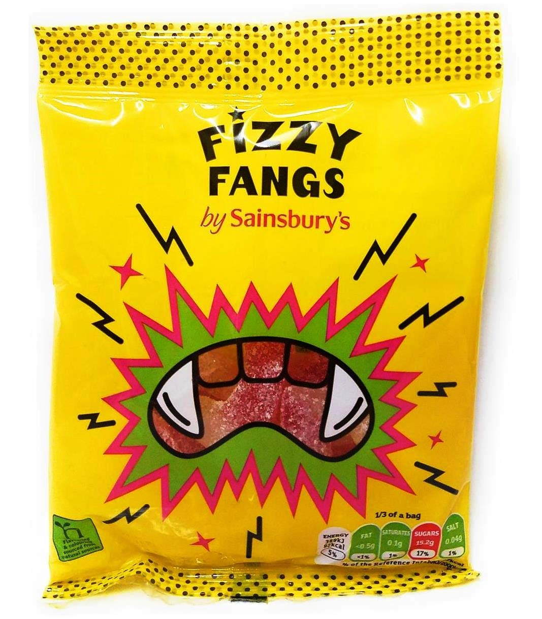 Sainsbury's Fizzy Fangs | Strawberry Flavour Gum Sweets | 4 x 75g Bags | Vegan & Vegetarian | No Gelatine Free