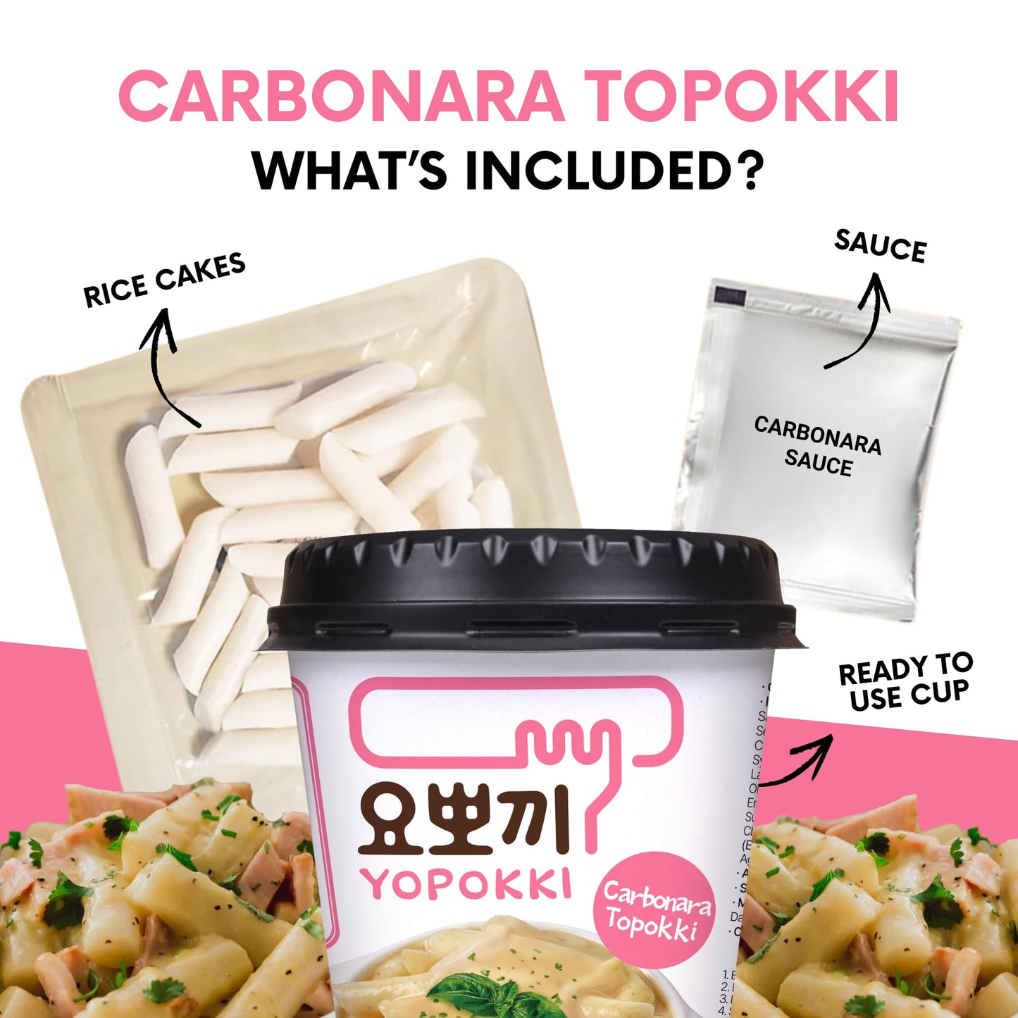 Yopokki Instant Chewy Korean Topokki Rice Cakes - Available in Cheese, Jjajang, Carbonara, Original & Sweet & Spicy flavours