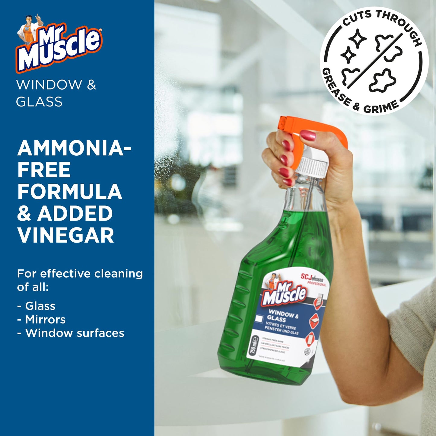 SC Johnson Professional Mr Muscle Window & Glass Cleaner – Streak-Free Shine – Vinegar Power – Removes Smudges & Fingerprints – 750ml Spray – For Professional Use Only
