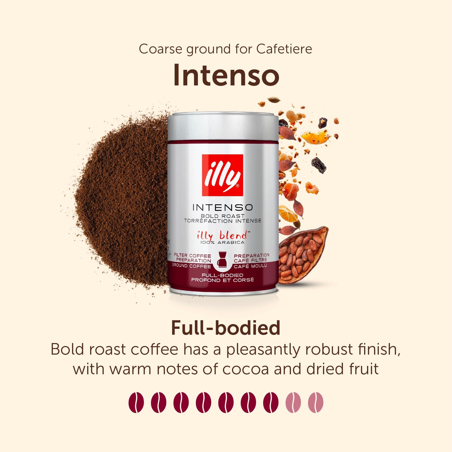 illy Intenso Ground Coffee, Dark Roast, 100% Arabica, Coarse Grind for Cafetiere & Filter Coffee, Suitable for Drip Coffee Makers, 250g Tin