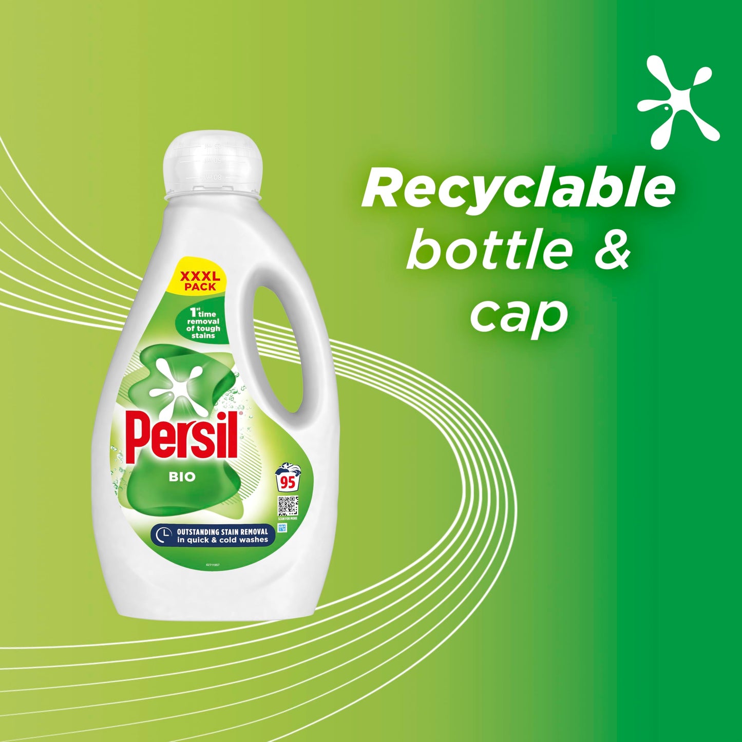 Persil Bio Laundry Washing Liquid Detergent 1st time removal of tough stains outstanding stain removal in quick & cold washes 95 washes (2.565 L)