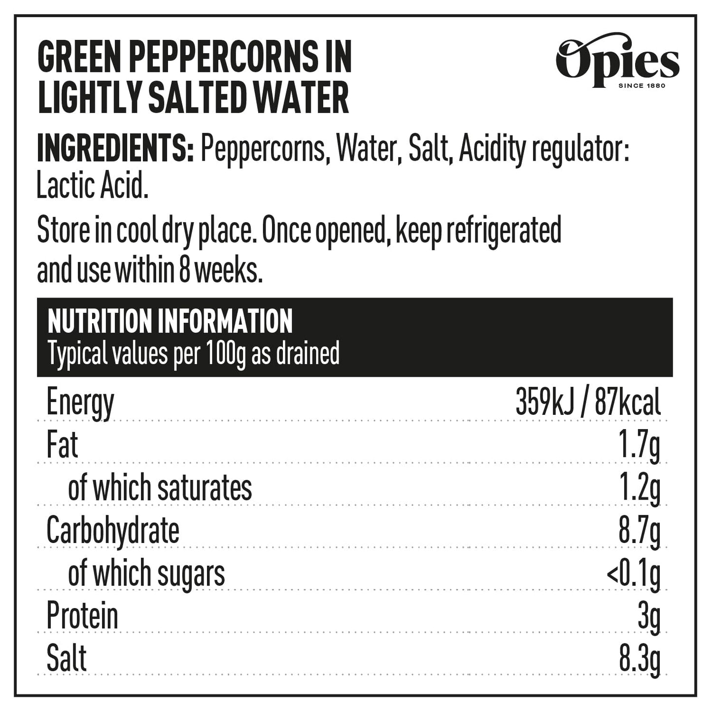 Opies Green Peppercorns in Lightly Salted Water, 115g – Vibrant, Aromatic Flavour for Steaks, Peppercorn Sauces, Thai Curries, Soups & Salads.