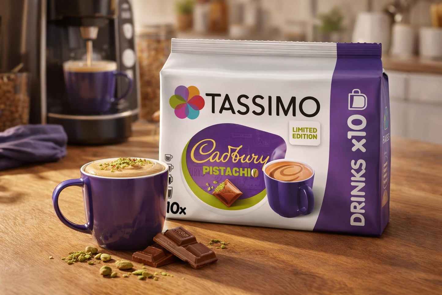 Tassimo Cadbury Pistachio Coffee Pods x10 (Pack of 1, Total 10 Drinks) Chocolate Pistachio Flavour T DISCs, Creamy Hot Drink Capsules