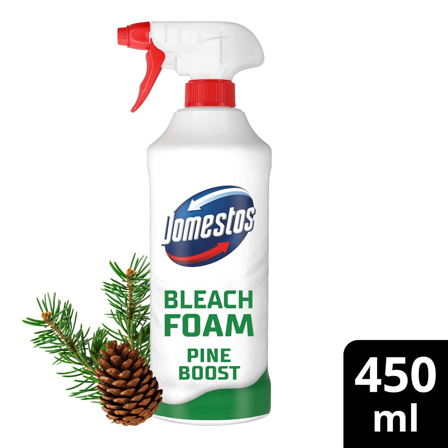 Domestos Bleach Foam Spray Pine Boost, 450 ml - Toilet & Bathroom Cleaner, Sprays Upside Down for a Sparkling Clean, Even in the Hardest-to-Reach Places