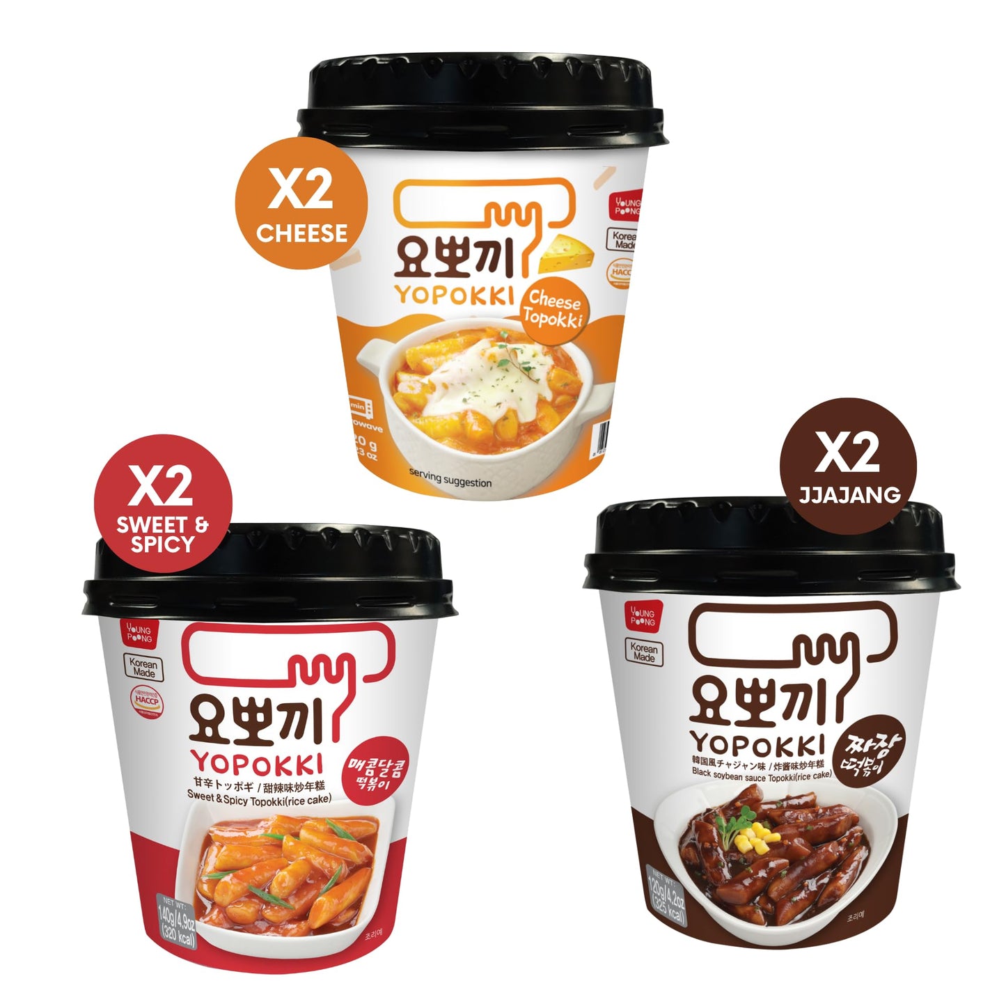 Yopokki Pack of 6 | Cheese, Sweet & Spicy, Jjajang Rice Cake Cup Topokki Tteokbokki - Instant Korean Snack