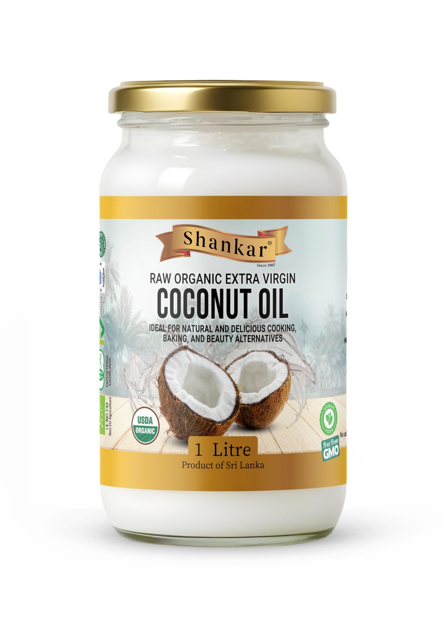 Shankar 100% Organic Coconut Oil 1L, Raw, Extra Virgin, Cold Pressed, Perfect for cooking, hair, and skin.