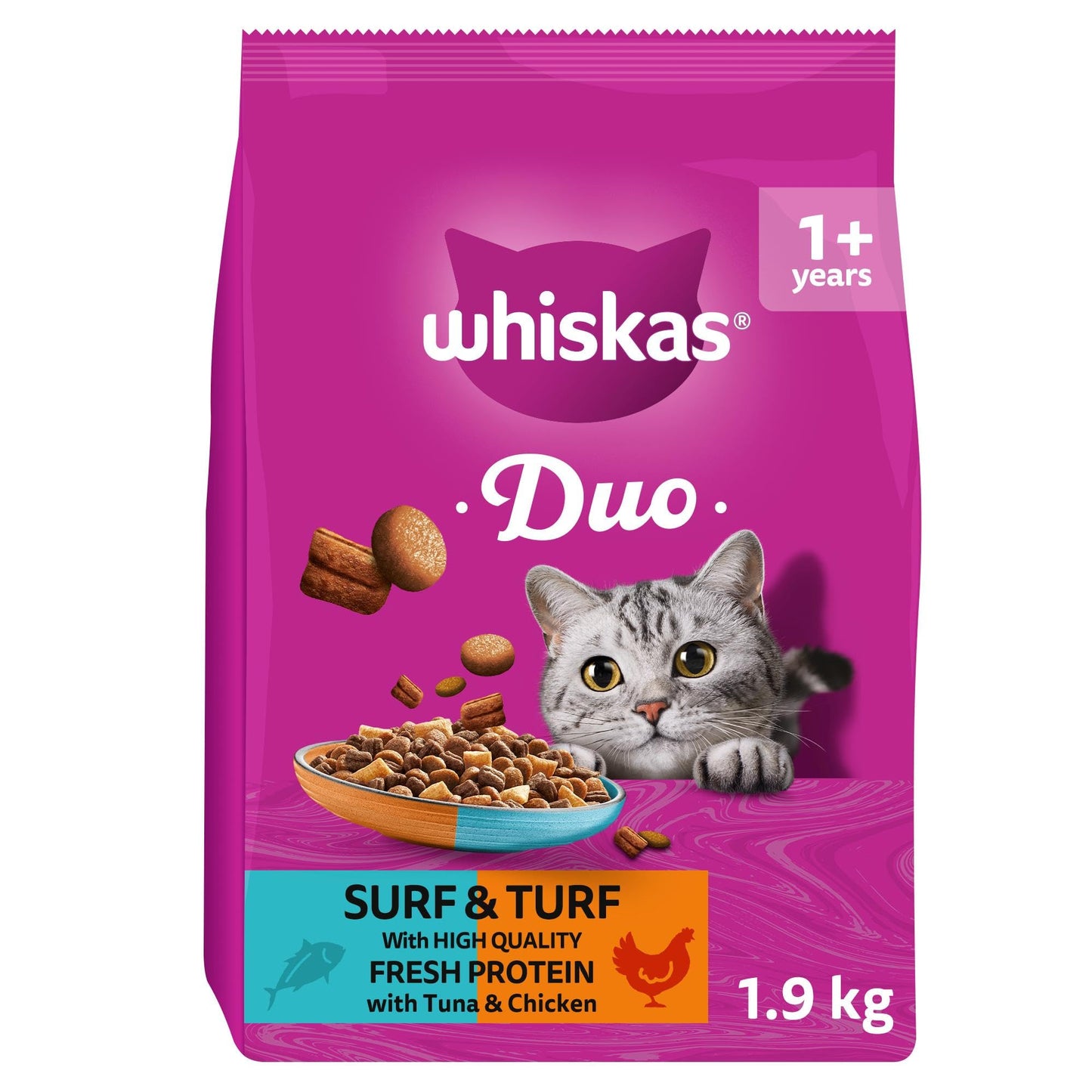 WHISKAS 1+ DUO Surf & Turf Dry Cat Food 1.9kg