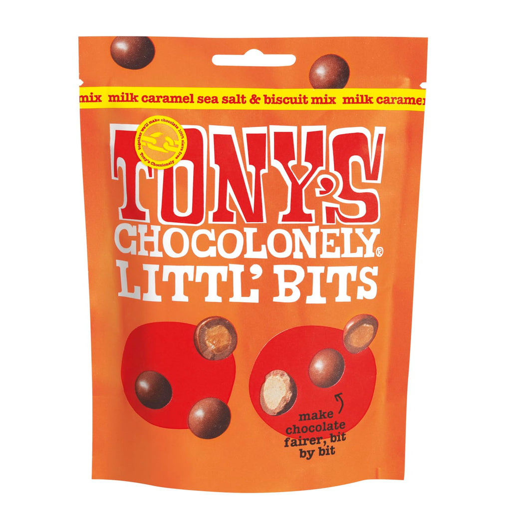 Tony's Chocolonely - Littl’ Bits Chocolate Mix Balls - Mini Milk Caramel Sea Salt Biscuit Chocolates in Sharing Pouch - 100g