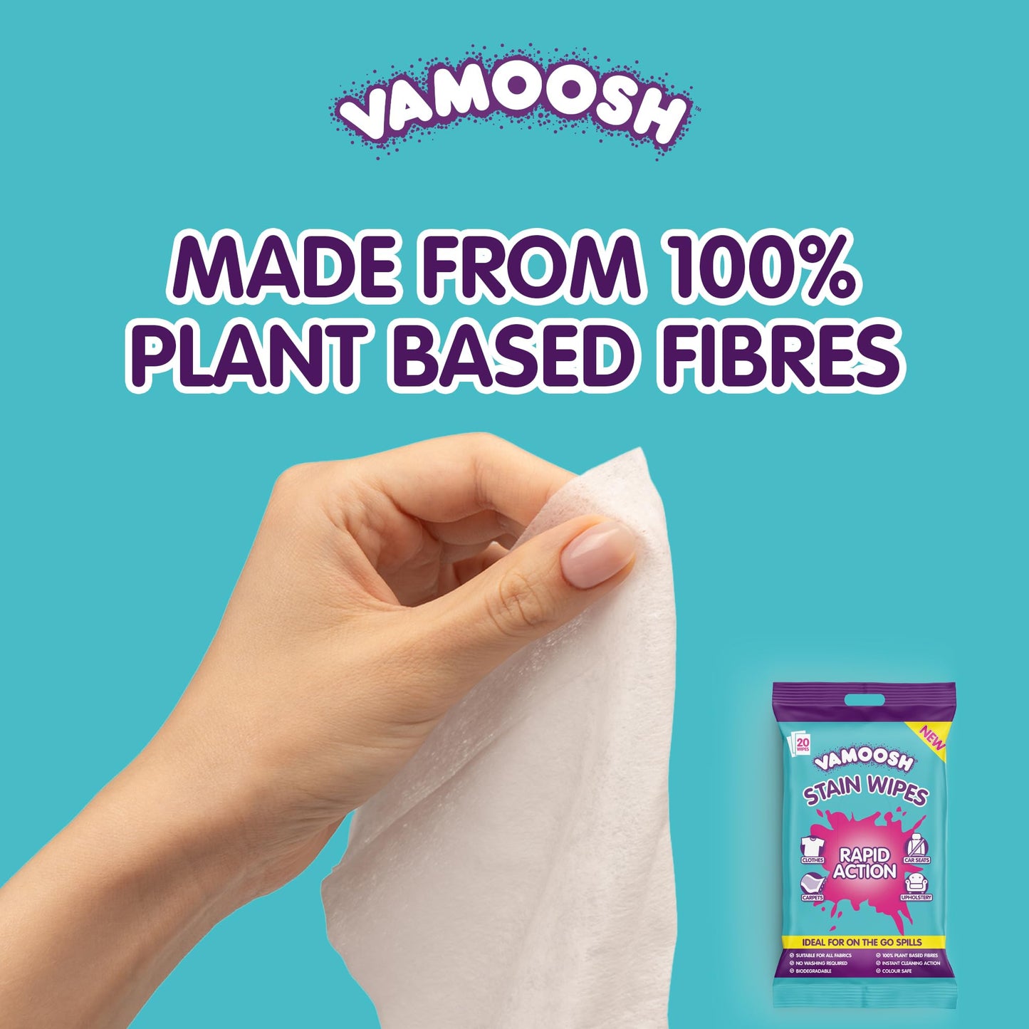 Vamoosh Rapid Stain Remover Wipes, Instant Stain Remover for Clothes, Carpets & Upholstery, Biodegradable & Plastic-Free - Vamoosh Laundry Wipes