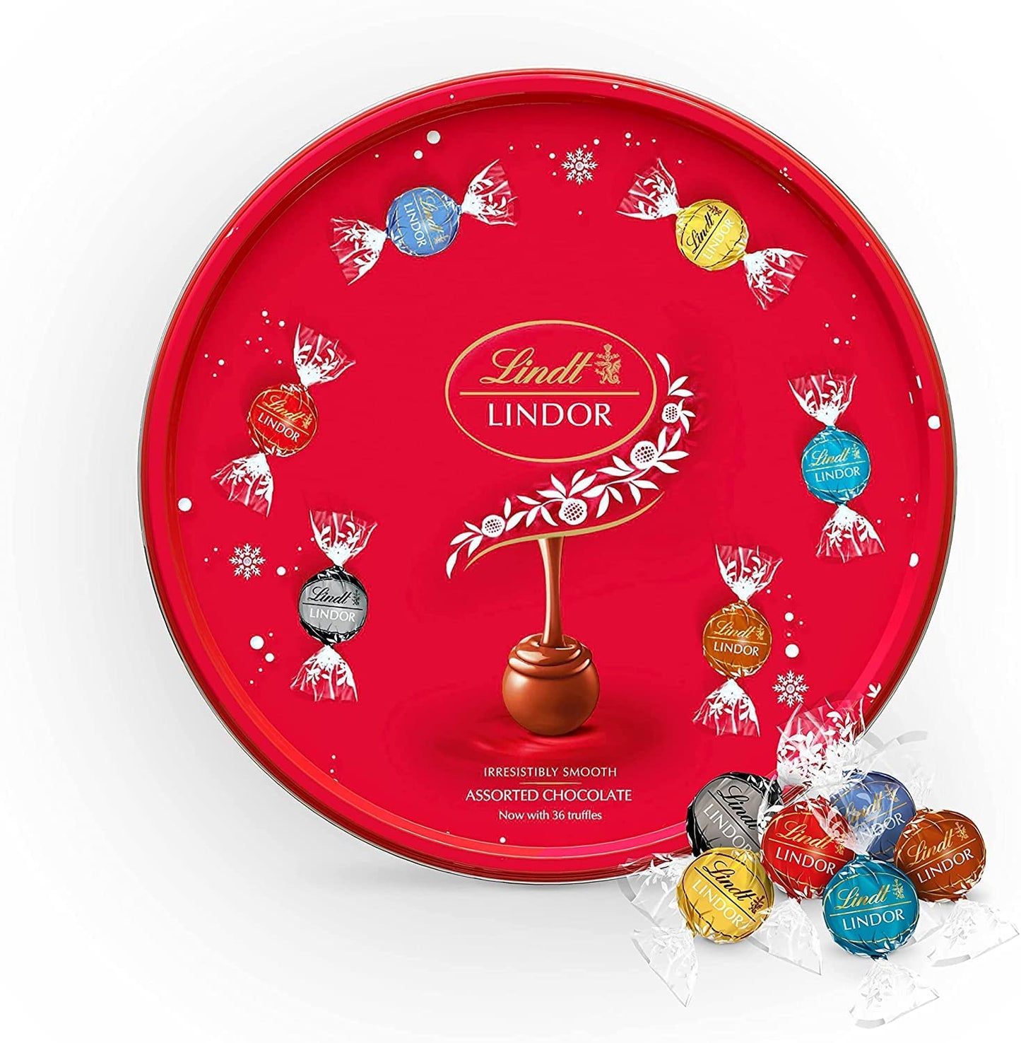 Lindt Lindor Assorted Chocolate Truffles Tin 450g - Perfect for Sharing - Chocolate Balls with a Smooth Melting Filling, Red