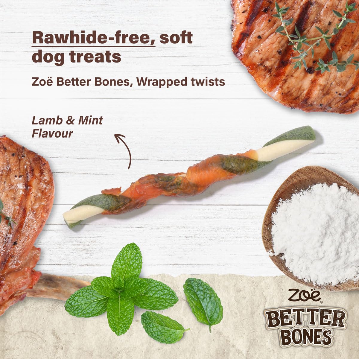 Zoë Better Bones Soft Dog Treat Chews, Pouch of Rawhide-Free, Chicken-Wrapped Twist Dog Training Chews - Lamb & Mint Flavour, 1 Bag of 10 pcs