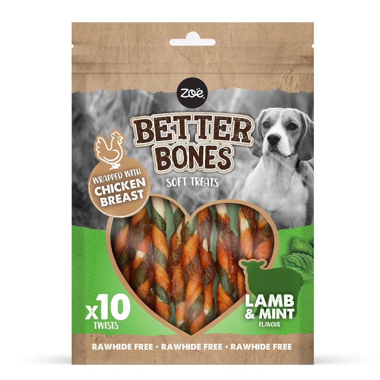 Zoë Better Bones Soft Dog Treat Chews, Pouch of Rawhide-Free, Chicken-Wrapped Twist Dog Training Chews - Lamb & Mint Flavour, 1 Bag of 10 pcs