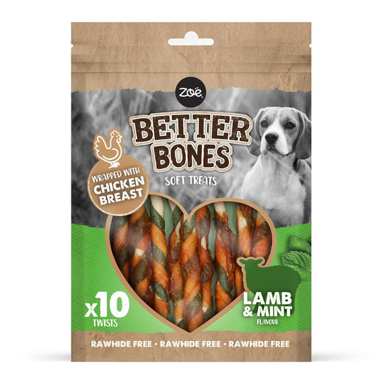 Zoë Better Bones Soft Dog Treat Chews, Pouch of Rawhide-Free, Chicken-Wrapped Twist Dog Training Chews - Lamb & Mint Flavour, 1 Bag of 10 pcs
