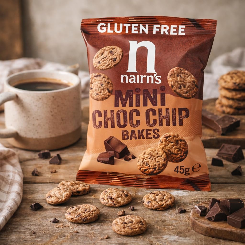 Nairn's Gluten Free Mini Choc Chip Bakes - 45g (Pack of 12) - Wholegrain Oats - Source of Fibre - Healthy Cheese Snacks - Suitable for Coeliacs