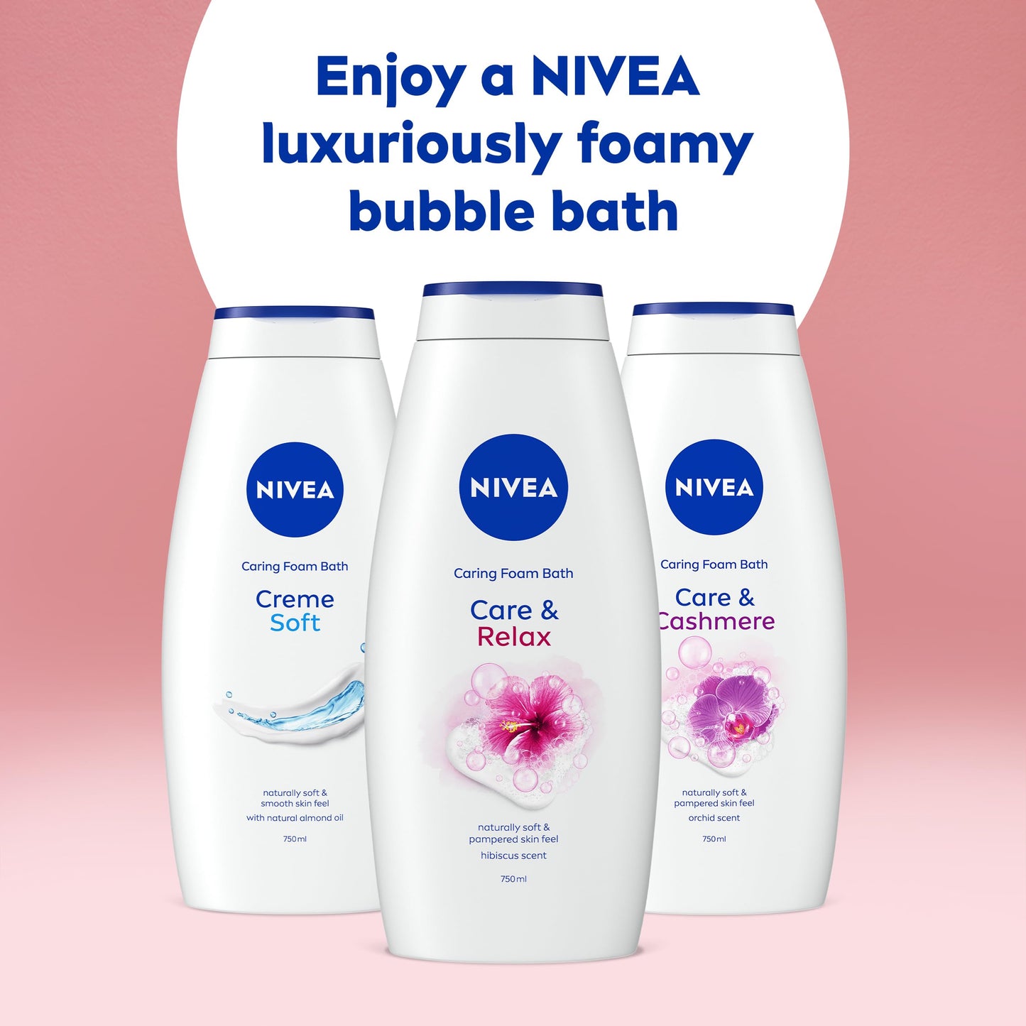 NIVEA Caring Foam Relax Shower & Bath Foam (750ml), Nourishing Bath Cream with Hibiscus Scent to Leave Skin Feeling Soft, Smooth and Moisturised