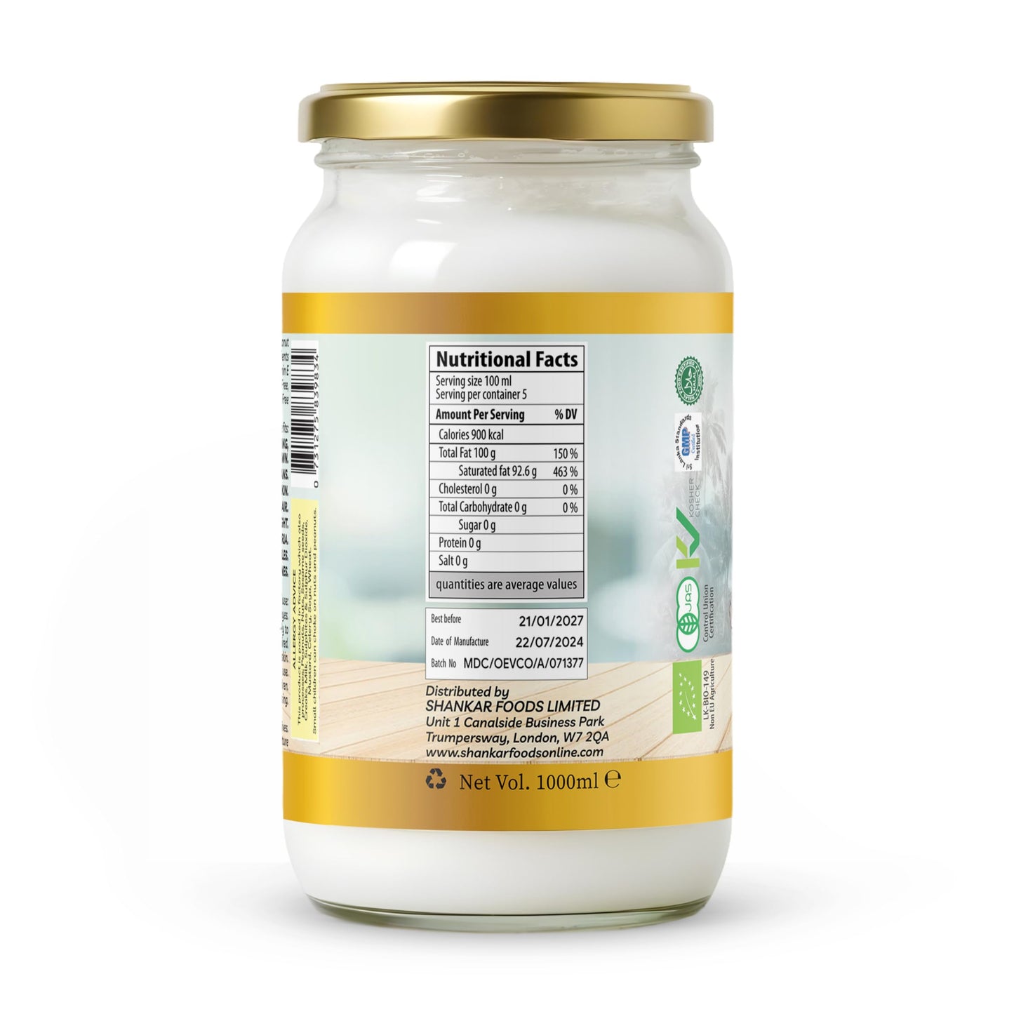 Shankar 100% Organic Coconut Oil 1L, Raw, Extra Virgin, Cold Pressed, Perfect for cooking, hair, and skin.