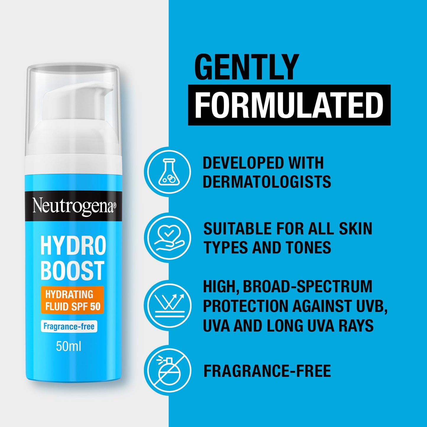 Neutrogena Hydro Boost Hydrating Face Fluid SPF 50, with Hyaluronic Acid, Pro-Vitamin B5 and Niacinamide, Broad Spectrum for Dry Skin, 50ml