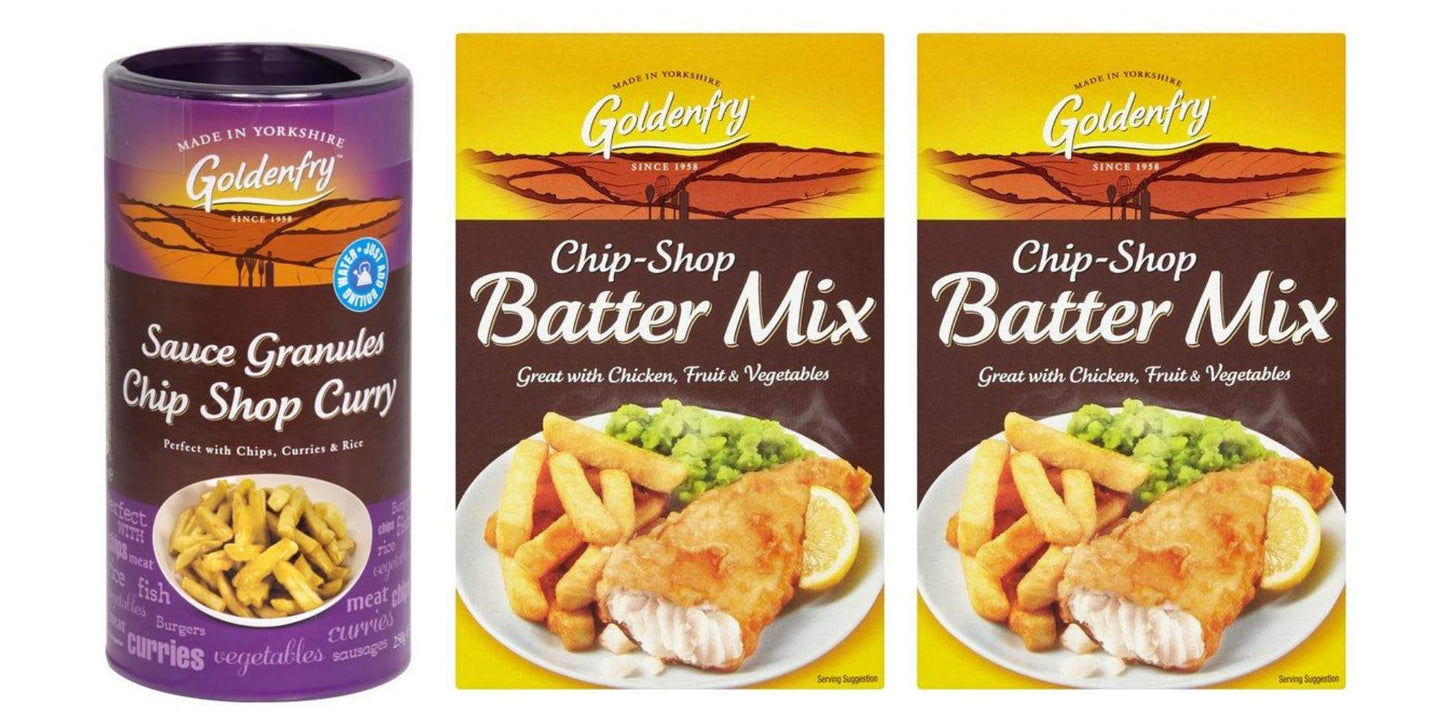 Goldenfry Chip Shop Batter Mix and Curry Sauce Granuals Set. 2 x 170g Batter Mix, 1 x 160 Curry Sauce Granules. Ideal for The Food Cupboard and Make The Best Alternative to The Real Thing!