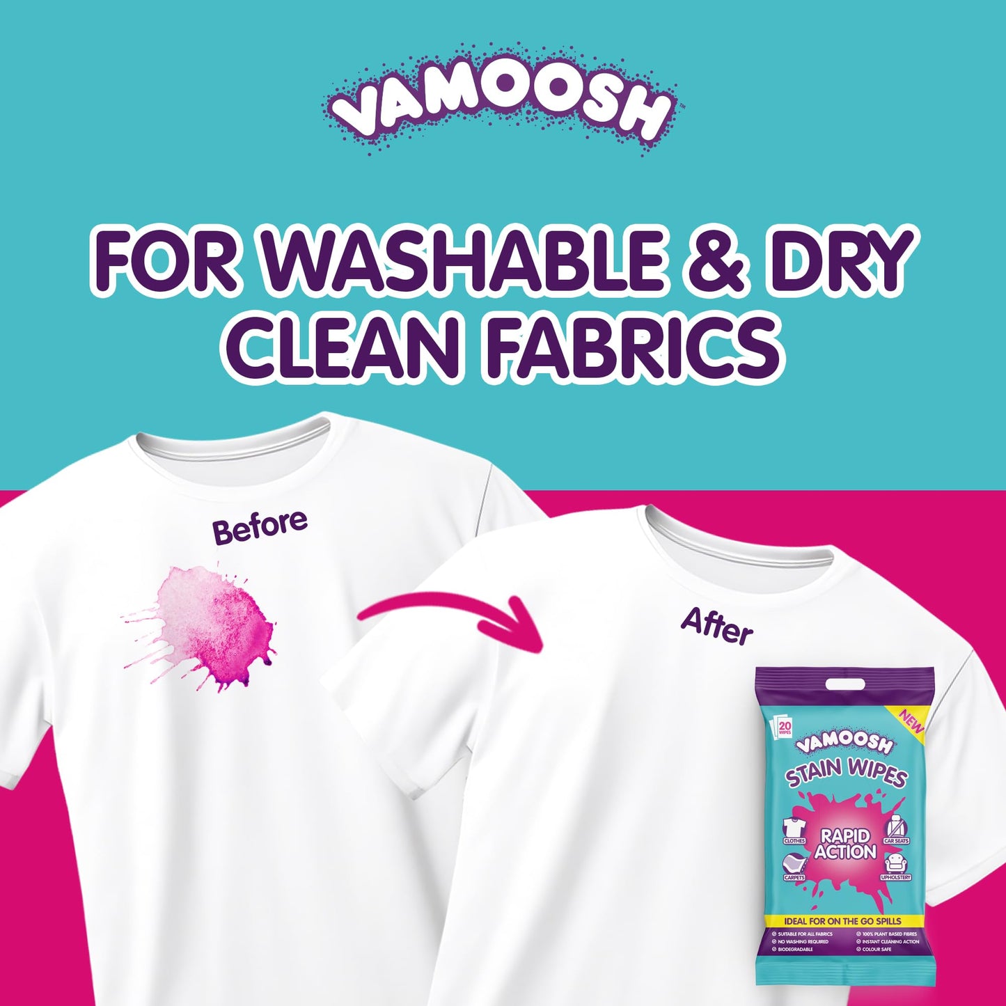 Vamoosh Rapid Stain Remover Wipes, Instant Stain Remover for Clothes, Carpets & Upholstery, Biodegradable & Plastic-Free - Vamoosh Laundry Wipes