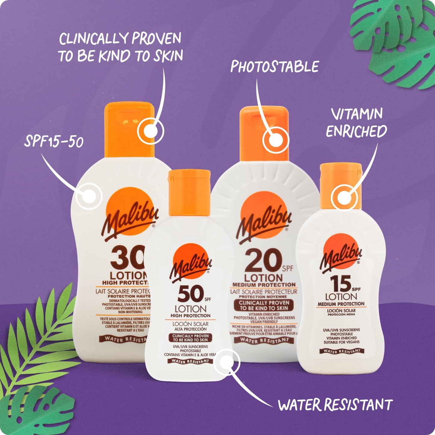 Malibu Sun SPF 30 Lotion, High Protection Sun Cream, Water Resistant, Vitamin E and Aloe Vera Enriched