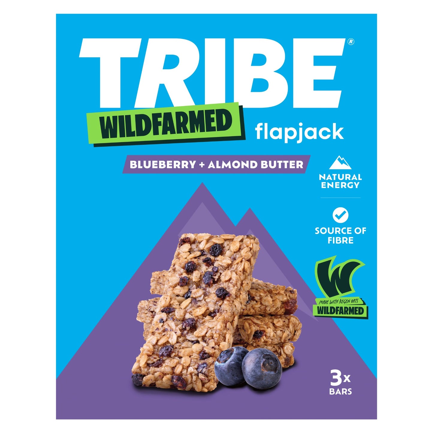 TRIBE x Wildfarmed Vegan Flapjack Bars - Blueberry & Almond Butter Oat Bars (3 x 50g Multipack Box) | Healthy Energy Snacks | Source Of Fibre, Natural Ingredients | Sustainable Oats | Breakfast Bars