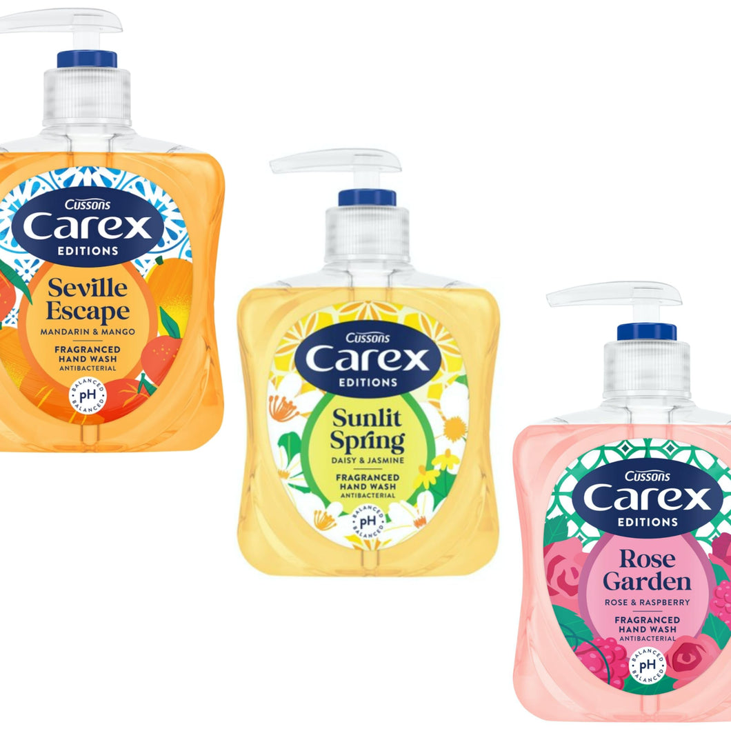 Carex Editions Handwash 3 x 250 ml Cussons Fragranced Liquid Hand Wash Kills Bacteria Seville Escape, Sunlit Spring, Rose Garden With Exclusive Beauty Tips Sheet.