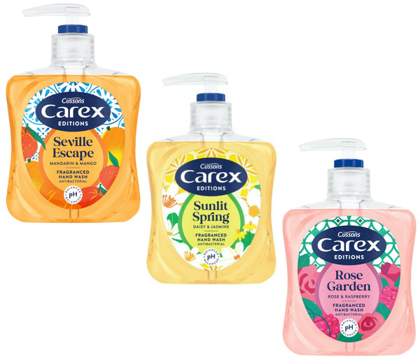 Carex Editions Handwash 3 x 250 ml Cussons Fragranced Liquid Hand Wash Kills Bacteria Seville Escape, Sunlit Spring, Rose Garden With Exclusive Beauty Tips Sheet.