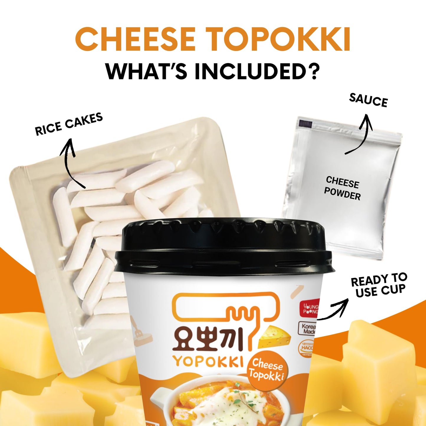 Yopokki Pack of 6 | Cheese, Sweet & Spicy, Jjajang Rice Cake Cup Topokki Tteokbokki - Instant Korean Snack